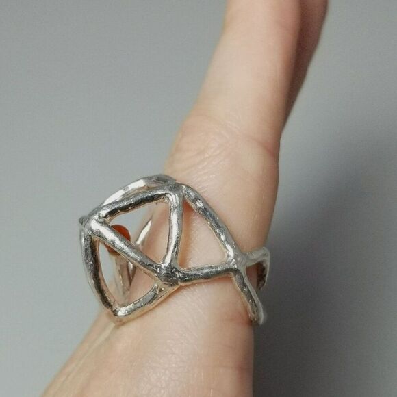 Estate Atelier Shinji Signed Silver and Red Geometric Cocktail Ring, Size 6 Band - Picture 6 of 12